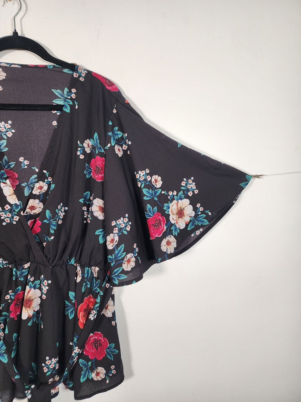 Boho Floral Kimono Sleeve Wrap Top Black Pink Teal Tie Front Peplum Blouse Women - Picture 5 of 8